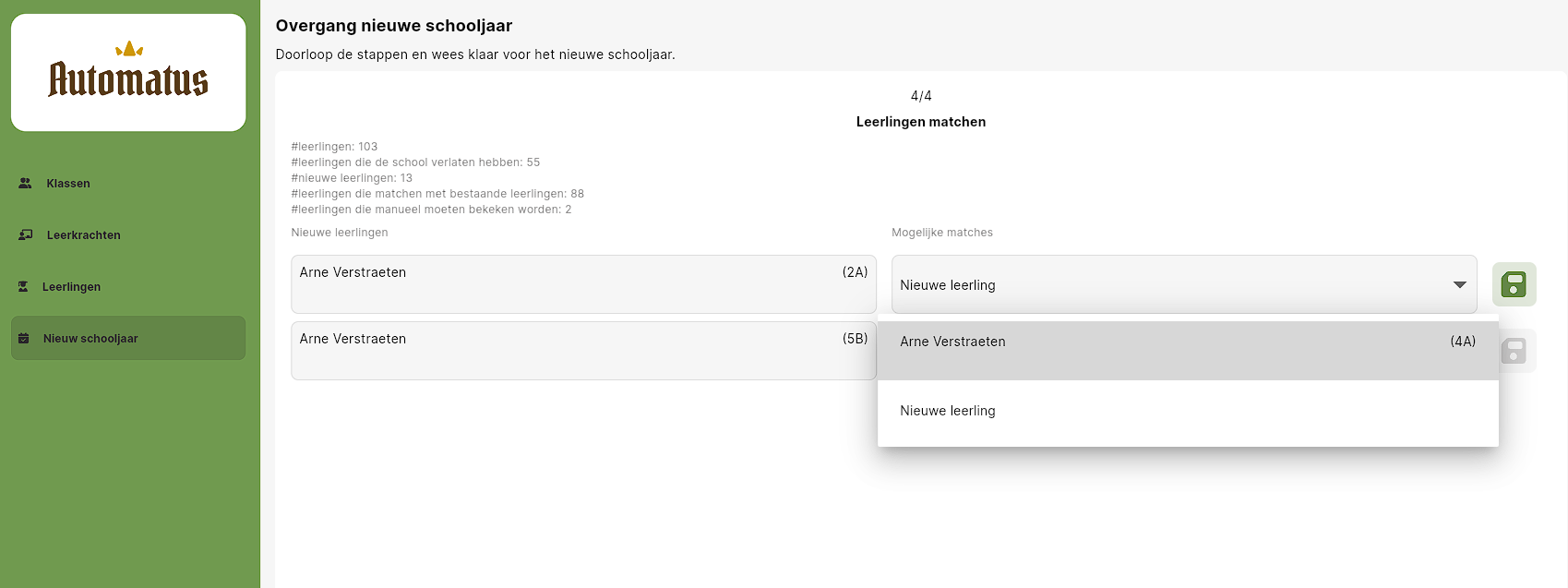 Voorbeeld van het manueel matchen van de leerlingen