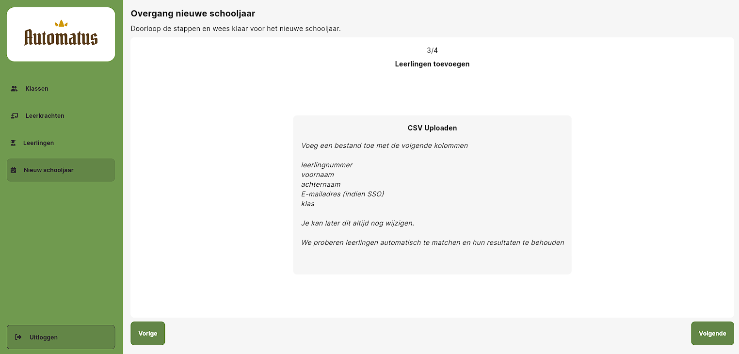 Startscherm bij het updaten van de leerlingen