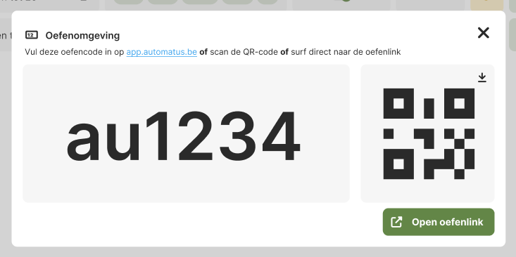 De popup met de oefencode en qrcode van Automatus.