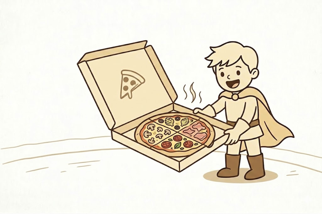 De ridder van Automatus met een pizza quattro stagioni