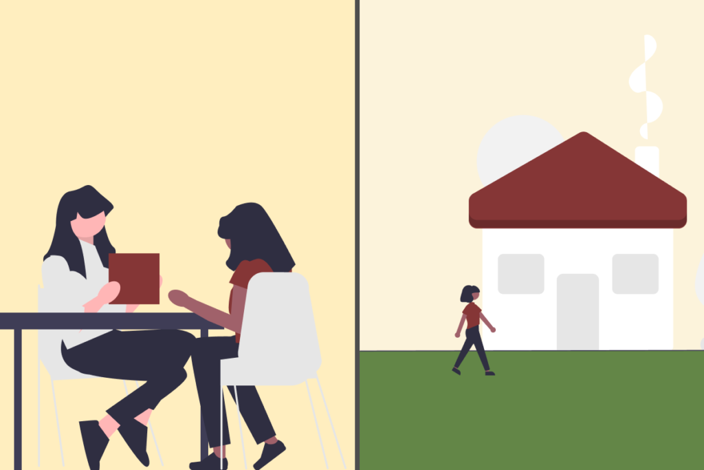 Afbeelding met een praktijkruimte links en een huis rechts, om te tonen dat het kind zowel tijdens de sessie als thuis kan oefenen.